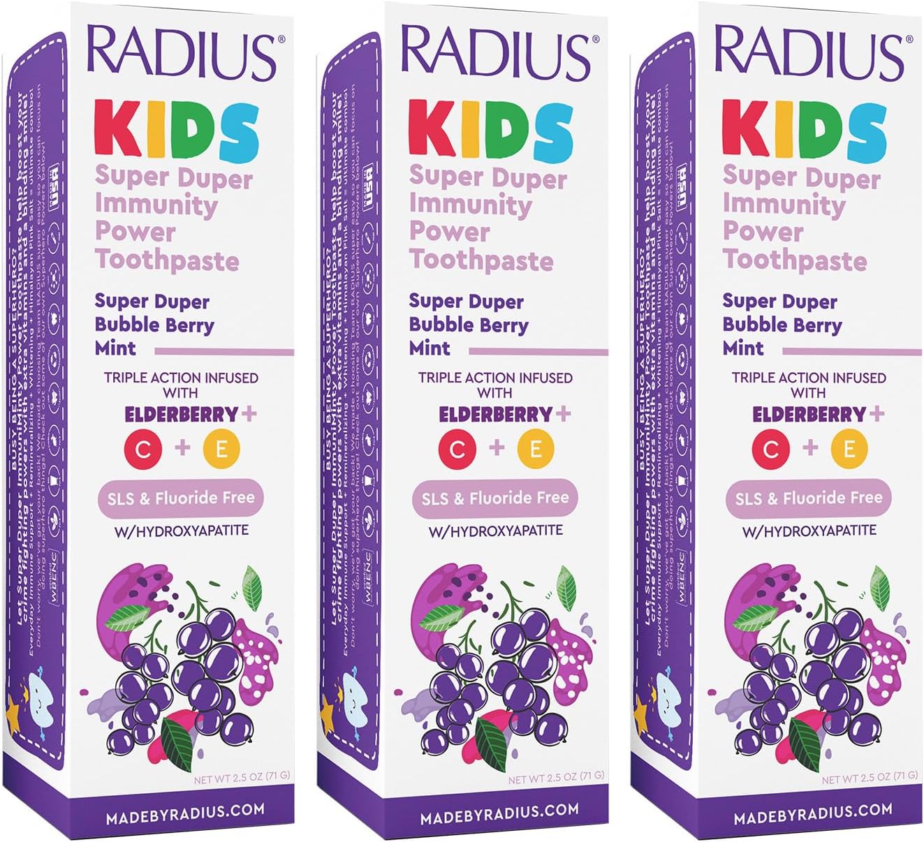 RADIUS Kids Super Duper Immunity Power Toothpaste 2.5 Oz - Super Duper Bubble Berry Mint - Pack of 3
