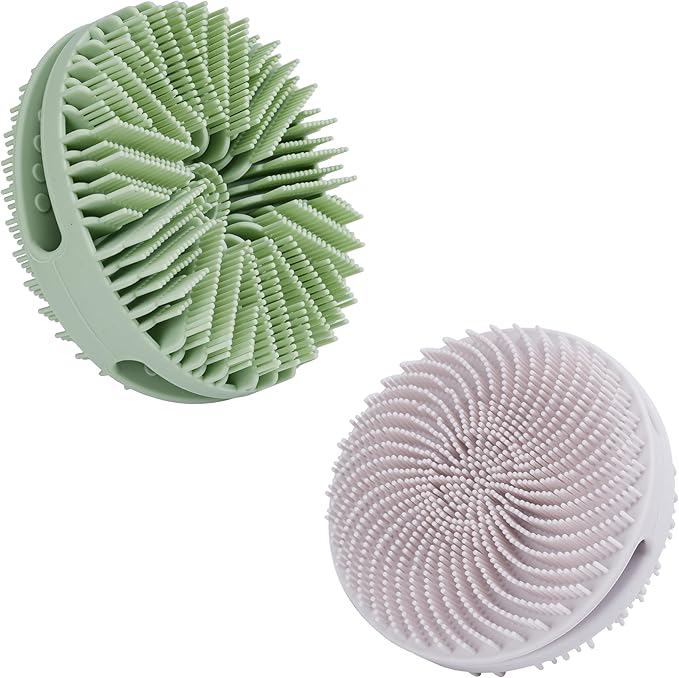2 PC Silicone Exfoliating Body Scrubber, Silicone Body Shampoo Brush, Soft Silicone Loofah for Sensitive Skin, Shower Silicone Hair Scalp Massager, Easy to Clean, Lather Well(Gray&Green)