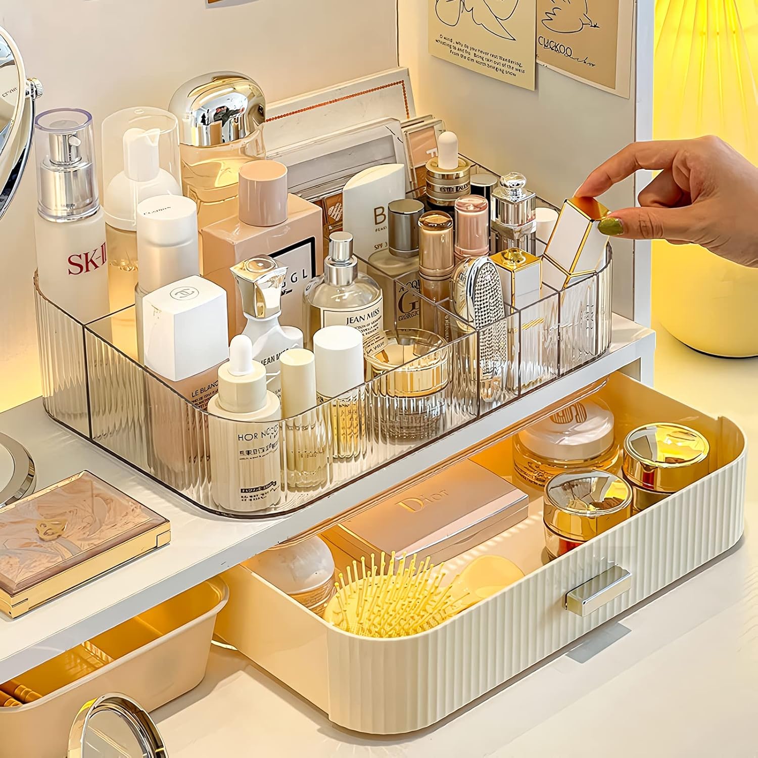 Makeup Organizer with Stackable Drawer, Cosmetic Storage Display Case for Vanity, Bathroom Countertop or Dresser,Counter top Holder for Lipstick, Brushes, Lotions, Eyeshadow, Nail Polish