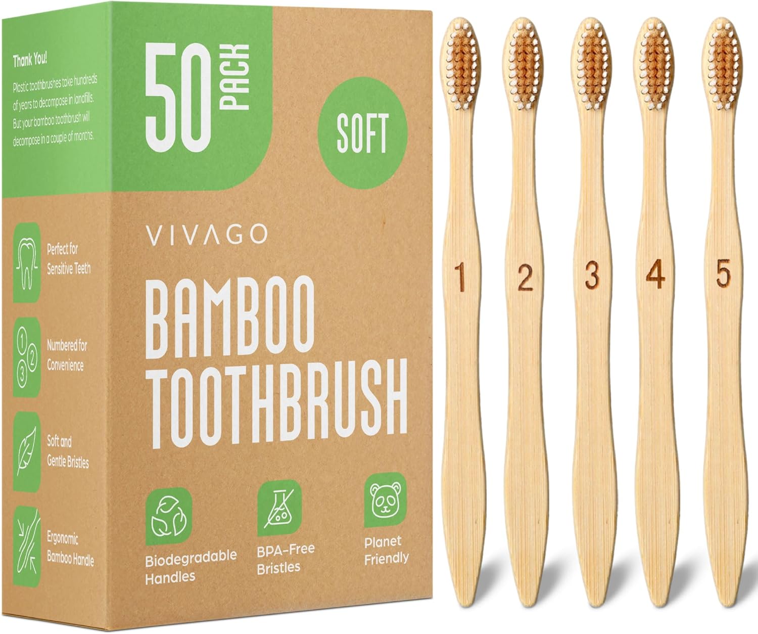 Bamboo Toothbrushes Bulk Soft Bristles (50 Pack) - Eco-Friendly, Natural Wooden Toothbrush