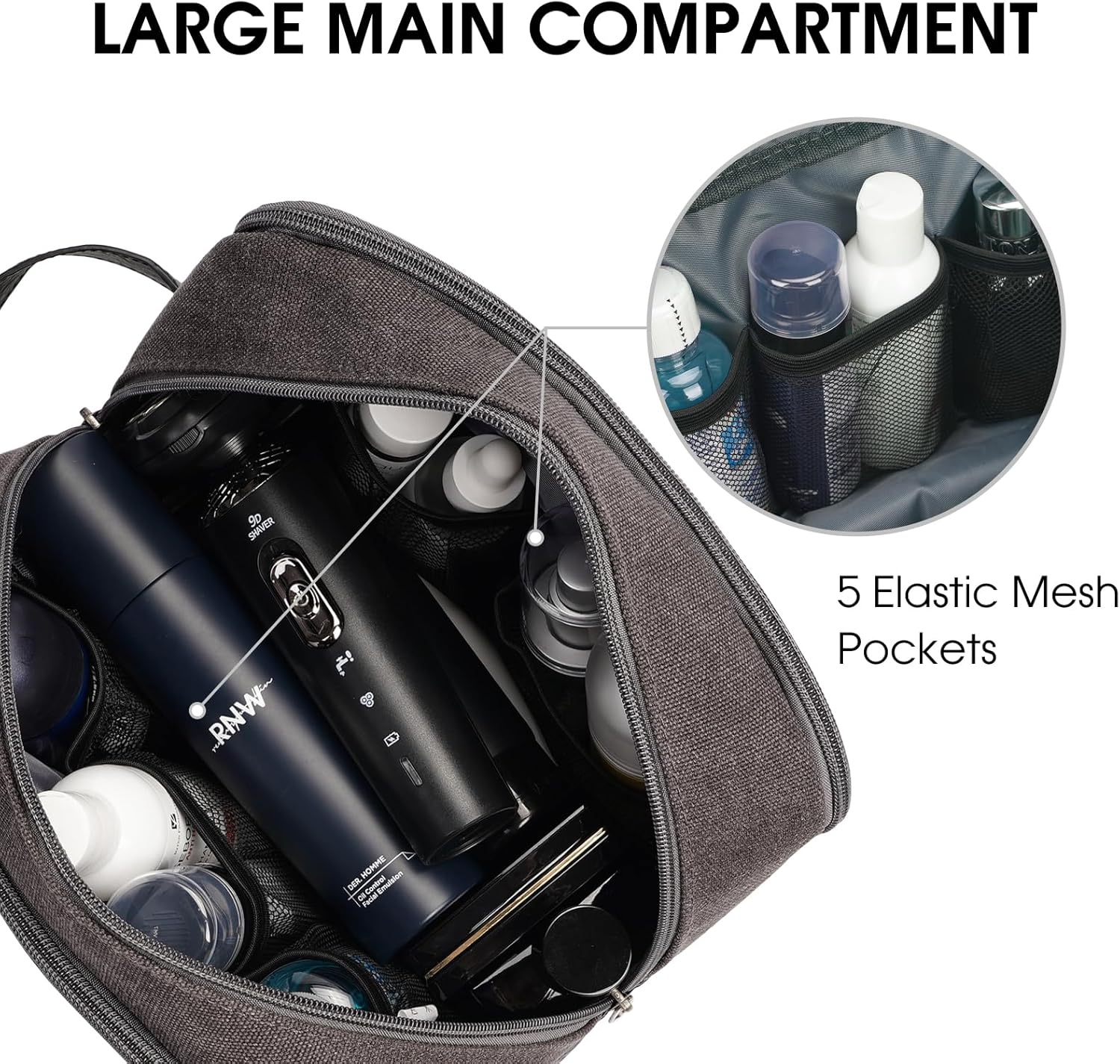 WANDF Travel Toiletry Bag for Men Large Toiletries Shaving Bag Water Resistant Hanging Dopp Kit Travel Accessories Bag for Women Men (Dark Grey)