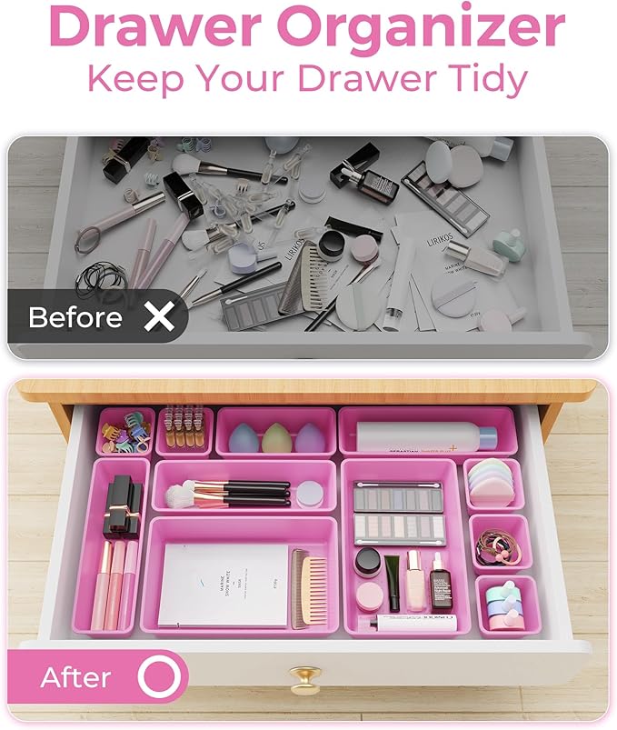 25 PCS Plastic Drawer Organizers Set, 4-Sizes Vanity and Makeup Organizer, Desk and bathroom Drawer Organizer Trays, Organizers and Storage for Makeup, Jewelry, Gadgets, Utensils(Light Purple)