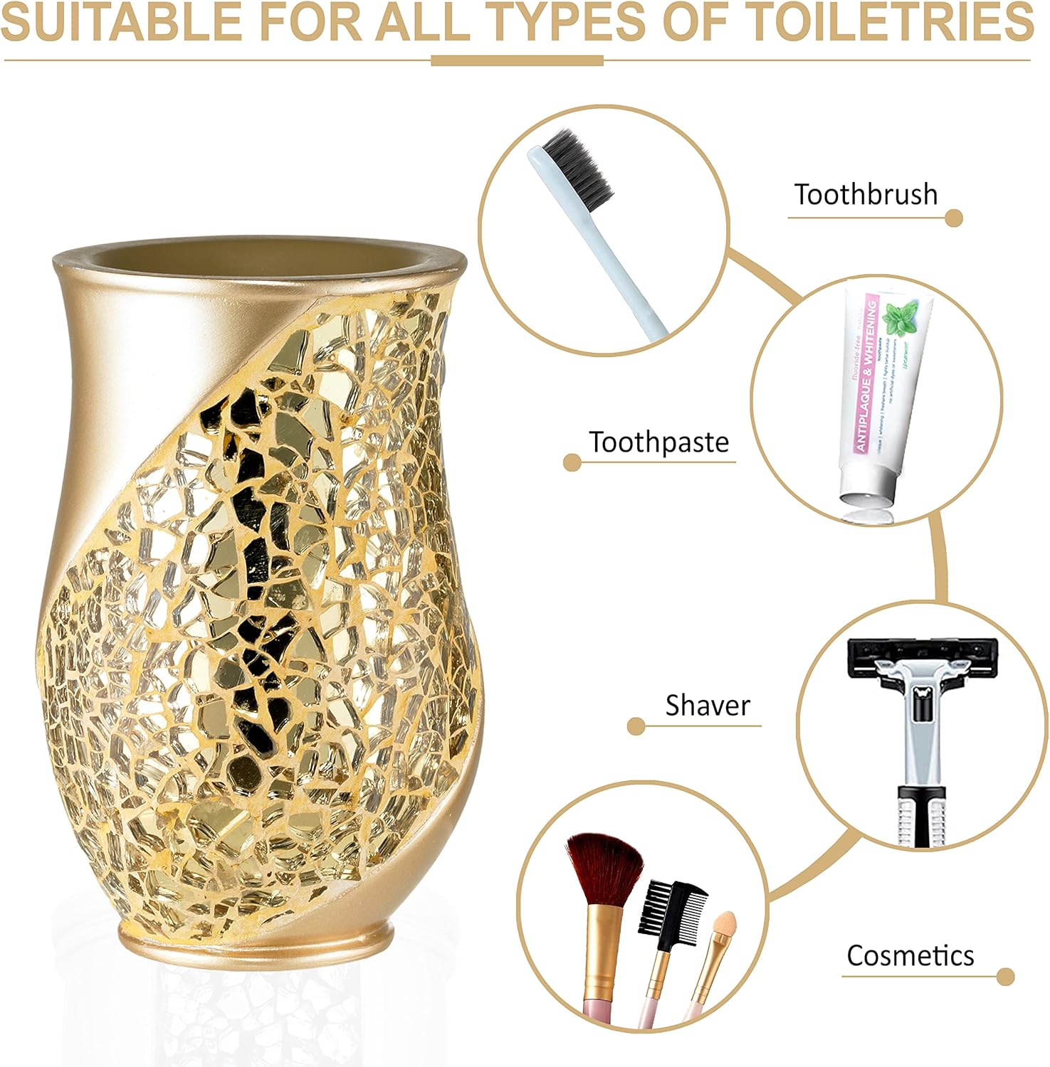 Zahari Home Sinatra Bath Tumbler Toothbrush and Toothpaste Holder Makeup Organizer, Champagne