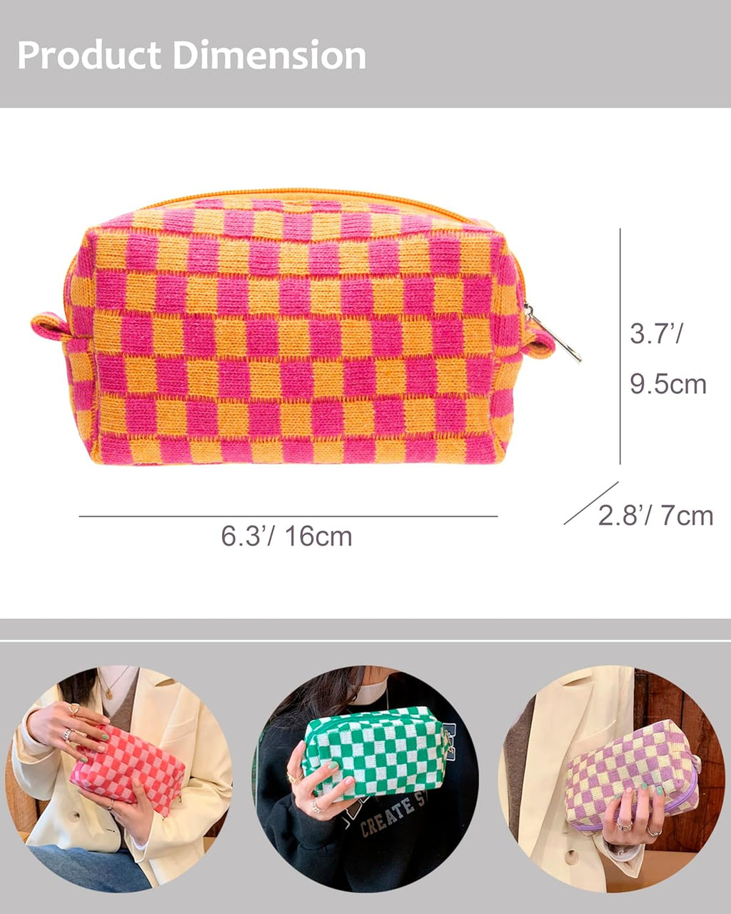 PAZIMIIK 6PCS Checkered Makeup Bag for Purse Portable Zipper Make Up Pouch Small Cosmetic Case for Travel Red Orange