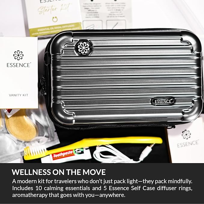 Essence Travel Amenity Kit - Compact Wellness Organizer with 5 Nasal Diffusers + 9 Traveler Comfort Essentials for Flights, Hotels & Adventures - Wearable Aromatherapy Self-Care On the Go