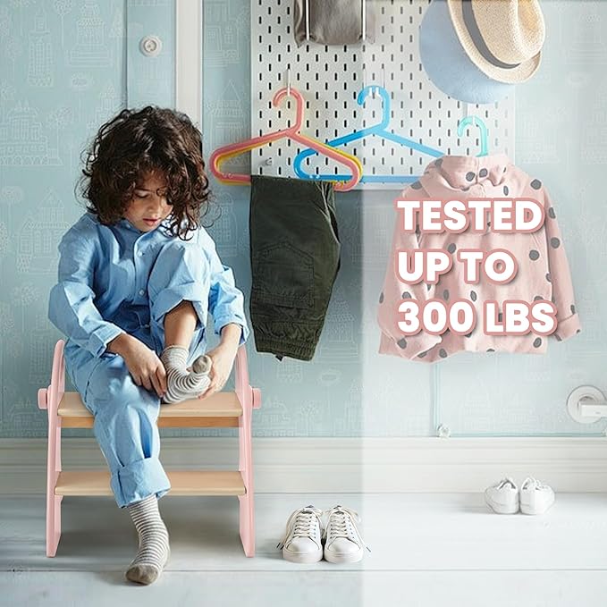 Wooden Step Stool, Two Step Stools, 300 lb. Load Capacity, with Safety Non-Slip Pads and Handles, Bamboo Step Stool for Bathroom and Kitchen, Children's Double Height Step Stools(Pink)