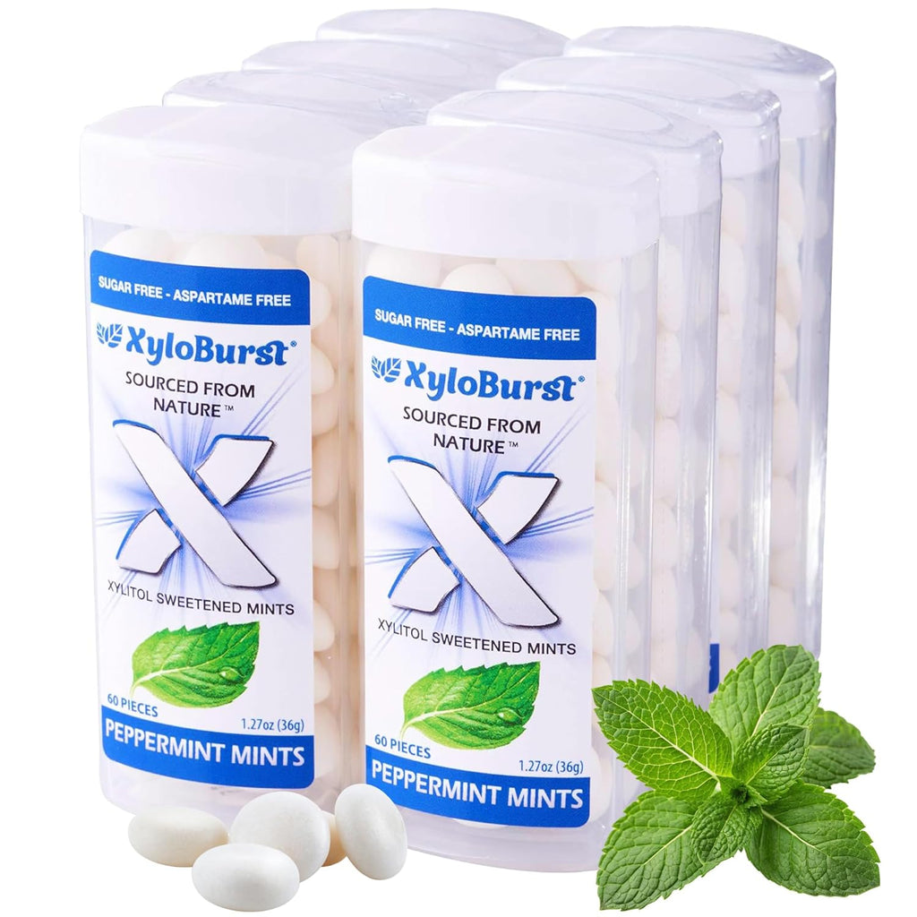 XyloBurst - Xylitol Mints | Sugar Free Breath Mints for Oral Health | Gluten Free, Vegan, Keto Friendly | Aspartame Free Mints | Peppermint | 60 Count Jar, 8-Pack