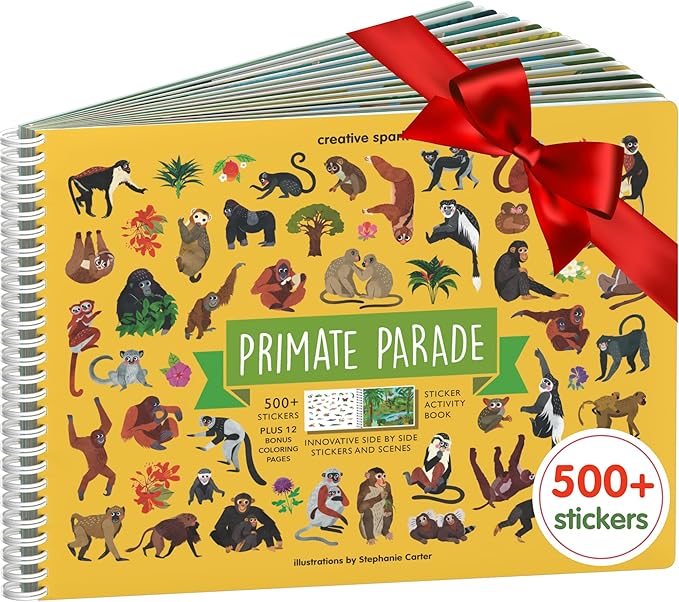 Cupkin Monkey Animal Sticker Book Activity for Kids, Toddler Airplane Travel Essentials, 500+ Animal Stickers for Kids + 12 Scenes + 12 Coloring Book Pages, Monkey Gift, Crafts Ages 2-8