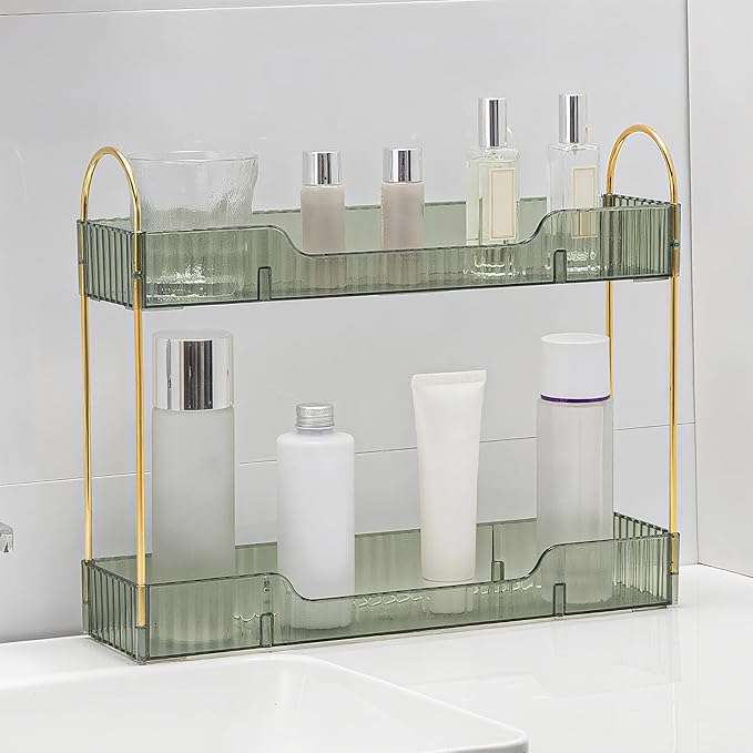 YCIA&DONE 2 Tiers Narrow Vanity Makeup Organizer, Bathroom Organizers Countertop Slim, Perfume Holder Skincare Storage Cosmetic Shelf Spice Rack, for Small Desktop Counter Space, Vintage Green