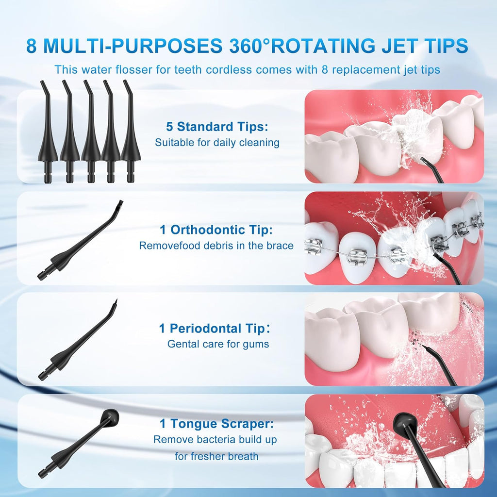 Sejoy Water Flossers for Teeth, Water Flosser Cordless Rechargeable, Water Flosser for Braces for Kids Travel, for Teeth Cleaning, 5 Cleaning Modes 8 Jet Tips, IPX7 Waterproof, 230ml