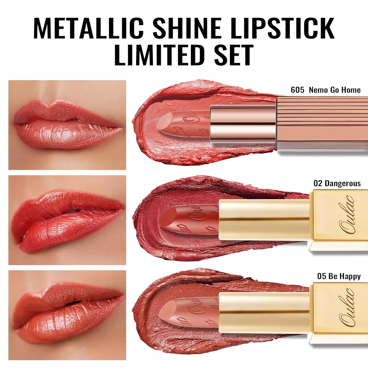 Oulac Metallic Orange Lipstick Set 3PCS, Comfortable Creamy Texture, Smooth No Grainy Feeling, Vegan & Gluten Free, Full-Coverage Lip Makeup, 3 X 4.3 g, 605+02+05