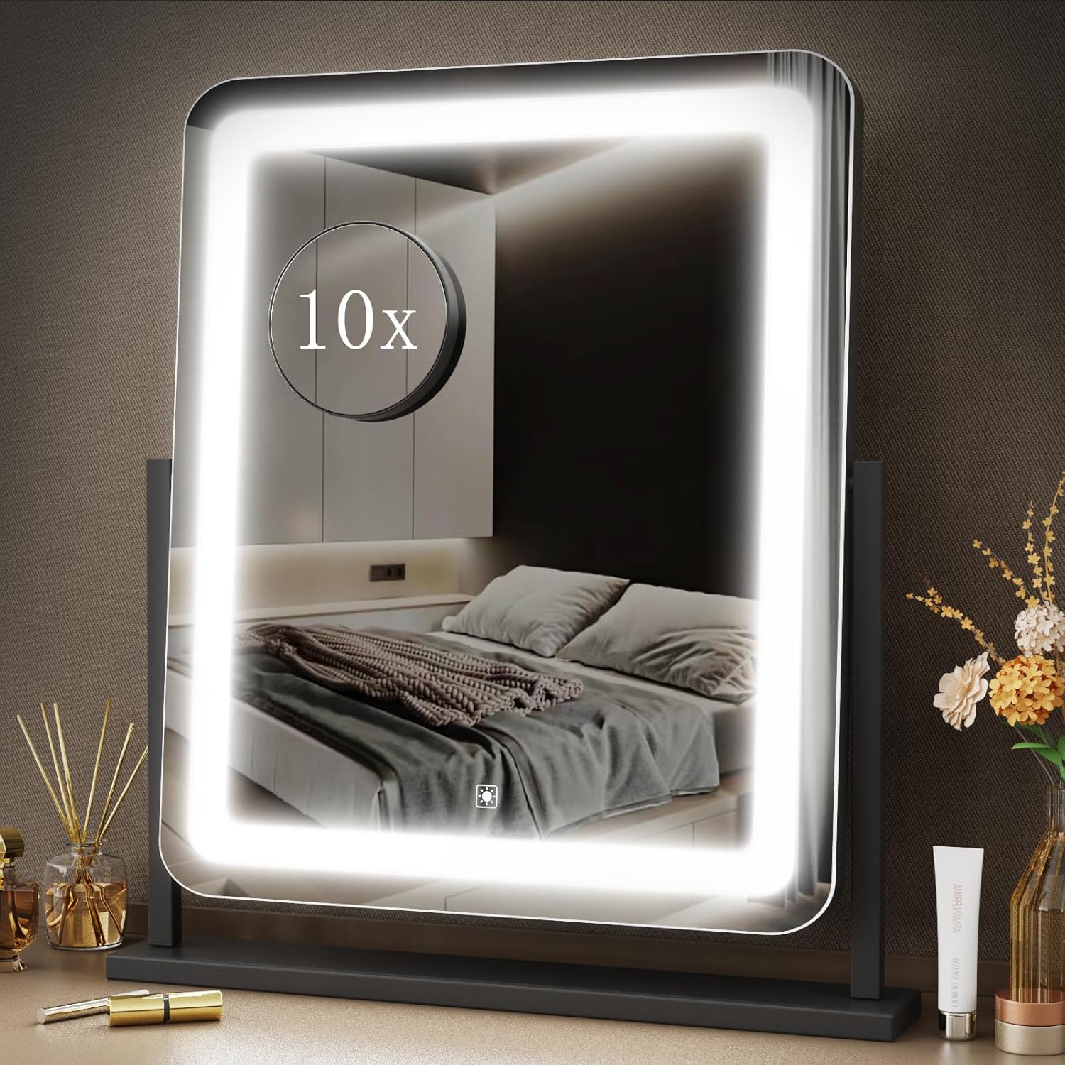 Makeup Vanity Mirror with Lights 15.2" Large LED Lighted Mirror, Hollywood Make Up Mirror with Lighting for Bedroom Tabletop, Smart Touch, Detachable 10X Magnification 360° Rotation, (Black)