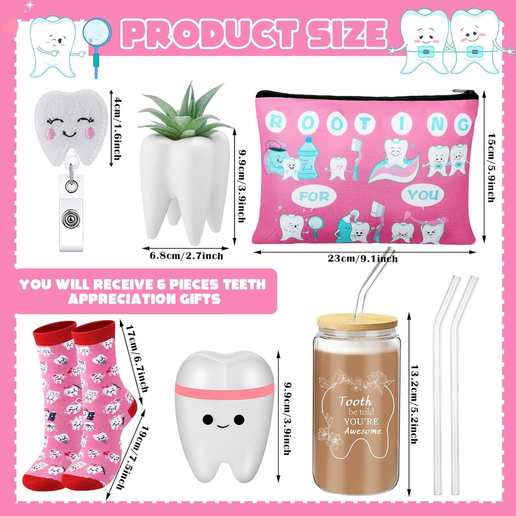 Pickmesh 6 Pcs Dental Gifts Nurse Assistant Hygienist Gifts 16 oz Glass Cups with Lid Makeup Bag Smiling Tooth Shape Felt Badge Holder Ceramic Pen Toothbrush Pot for Women Coworkers (Pink)