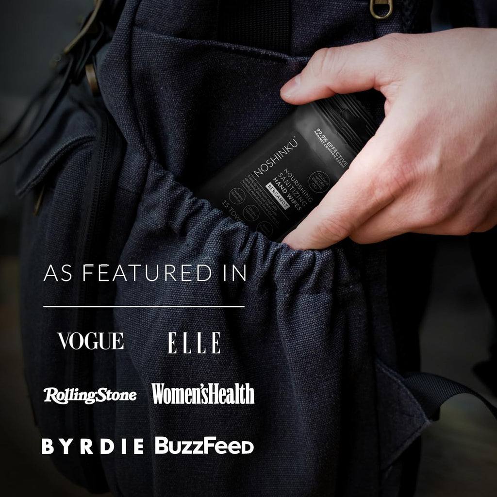 Noshinku – Bergamot Hand Sanitizer Wipes, 3-Pack (45 Towelettes) – Resealable Travel Wipes with Ethyl Alcohol, Aloe & Green Tea, Plant-Based Fiber, Essential Oil Scents, Cruelty-Free & No Dyes