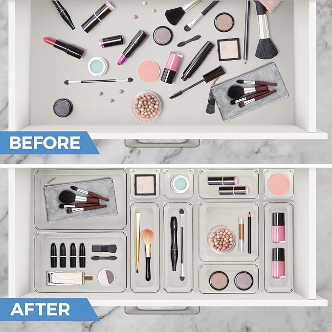 Ravinte 16 PCS Drawer Organizer Plastic Storage Bins, 5 - Size Kitchen Drawer Organizer with Non-Slip Pads Clear Desk Storage Tray for Makeup, Jewelries, Kitchen Utensils and Office