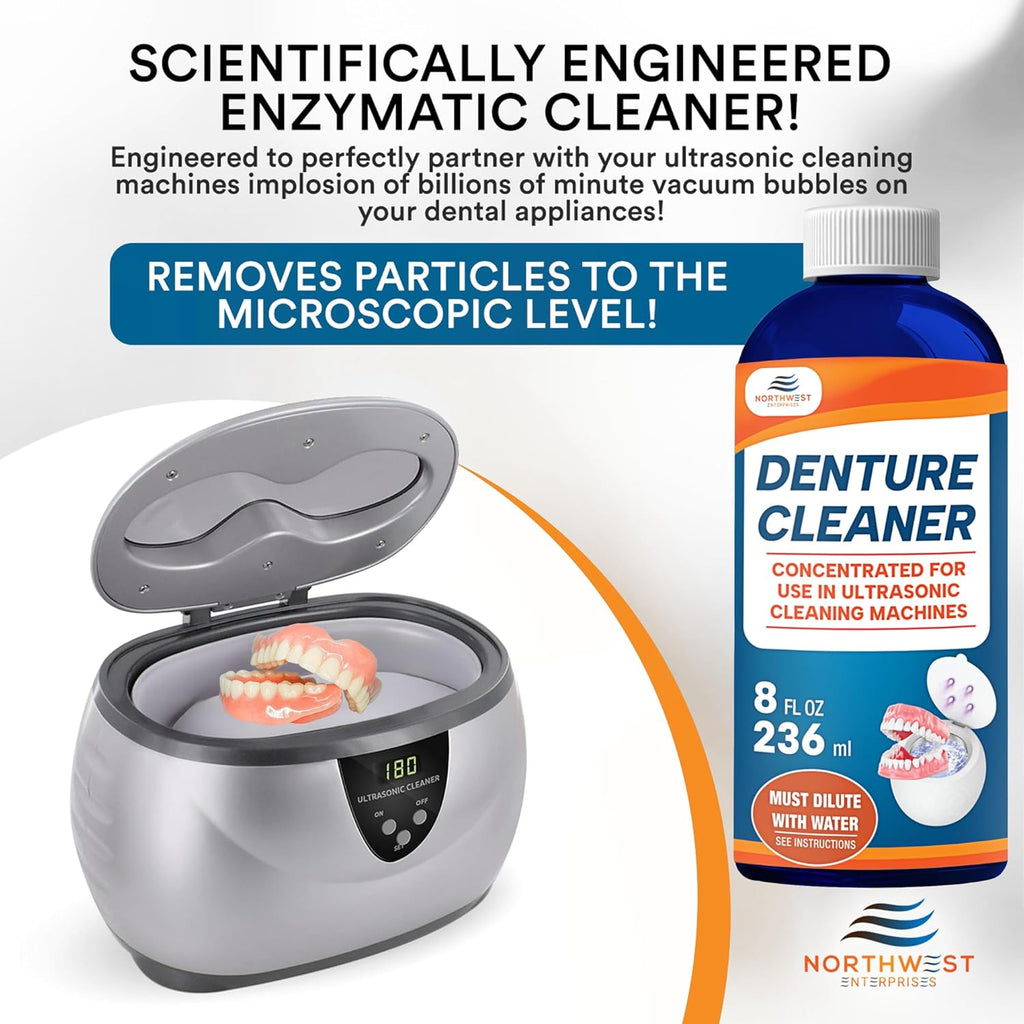 Ultrasonic Denture Cleaner - Denture Cleaner for All Types of Dentures - Denture Cleaning Solution Removes Stains, Plaque, Grime, and Build-up (8 Ounces)