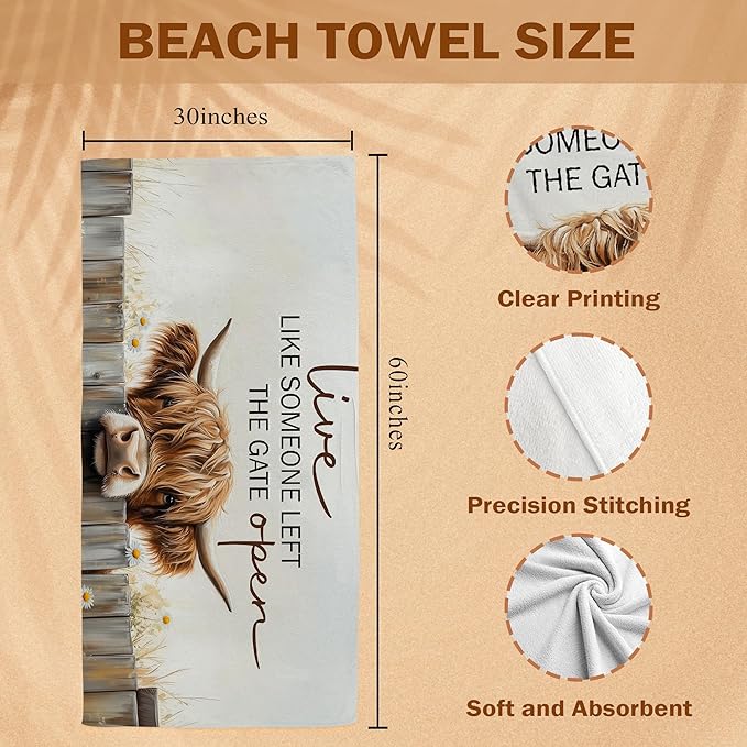 Highland Cow Western Beach Towel, Rustic Highland Cow Pool Towels, Rustic Cottagecore Large Beach Bath Travel Towels for Camping, Western Country Cows Bathroom Accessories Decor, 30x60in