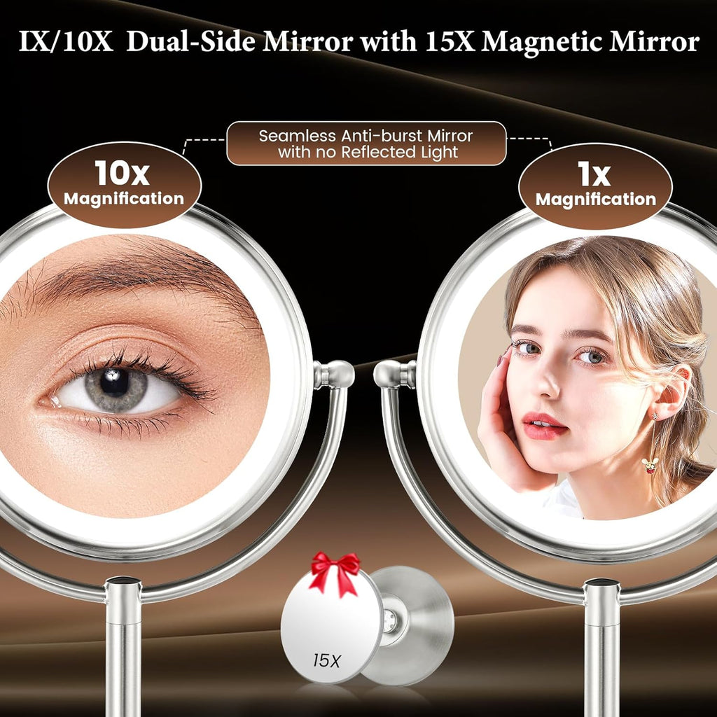 Professional 8.5" Large Lighted Makeup Mirror with Brighter Lights, 1X/10X True HD Magnifying Mirror with 3 Color Dimmable Lights, 90 Shadowless LEDs, 360°Swivel Seamless Vanity Mirror, Pearl Nickel