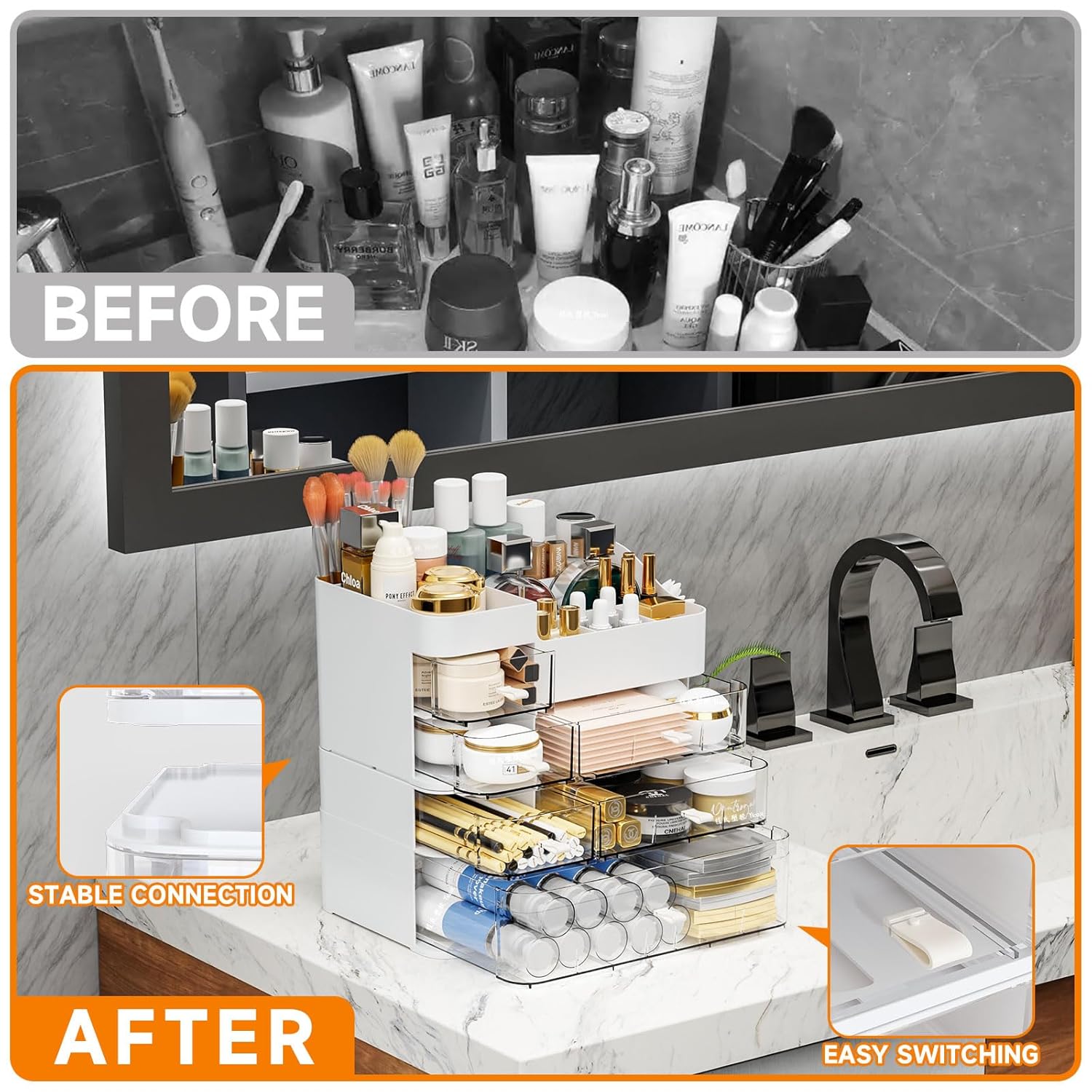 White Countertop Makeup Organizer with 6 Drawers,Large Capacity Skincare Organizers for Vanity,Desk,Dresser,Plastic Bathroom Counter Organizer for Beauty,Skin Care,Perfume,Make up Brush Organization