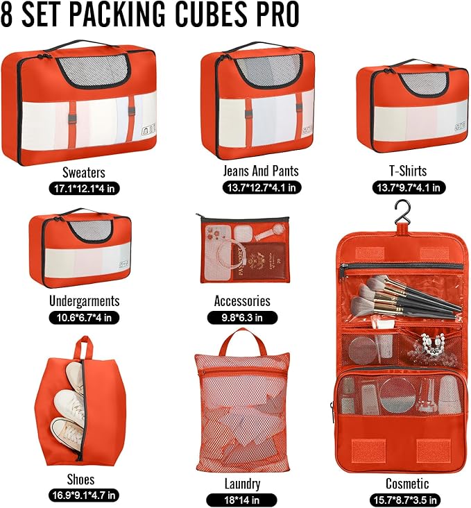 Veken 8 Set Packing Cubes for Travel Essentials, Suitcase Organizer Bags in 4 Sizes, Carry-On Luggage Accessories with Large Laundry & Hanging Toiletry Bag, Must-Have for Airplane, Road Trip & Camping