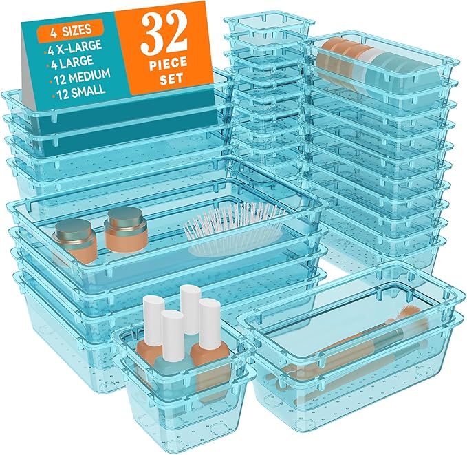WOWBOX 32 PCS Plastic Drawer Organizer Set, 4 Sizes Desk Drawer Organization and Storage Containers for Makeup, Cosmetics, Jewelry and Gadgets in Kitchen, Bathroom, Bedroom, Office, Clear Sea Blue