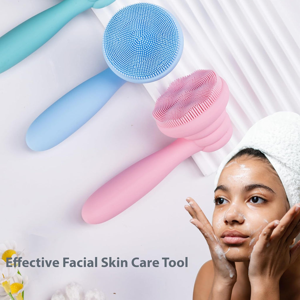 2 PC Silicone Facial Cleansing Brush Facial Scrubber Manual Exfoliating Facial Brush Face Cleanser Face Exfoliator Ultrafine Bristles for Sensitive Skin Easy to Clean Lather Well(Pink&Blue)
