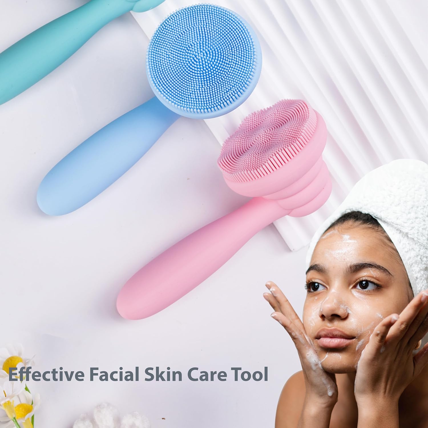 2 PC Silicone Facial Cleansing Brush Facial Scrubber Manual Exfoliating Facial Brush Face Cleanser Face Exfoliator Ultrafine Bristles for Sensitive Skin Easy to Clean Lather Well(Pink&Blue)