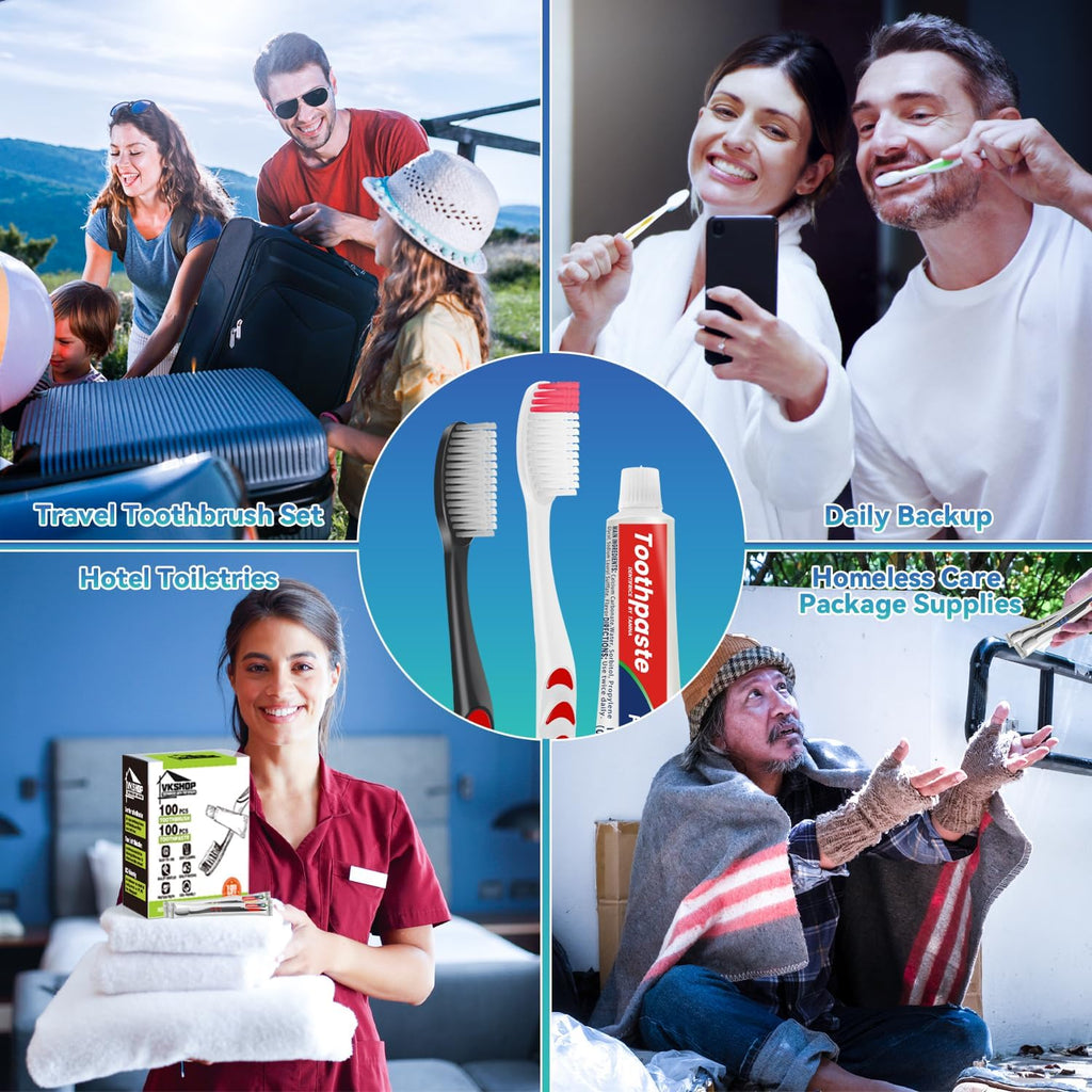 120 Pack Disposable Toothbrushes with Toothpaste, Individually Wrapped for Adults, Travel, Hotel, Donation, Homeless Shelters, OCC Care Packages - Medium Bristle (White)