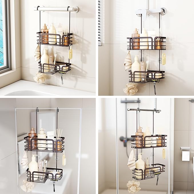 SWTYMIKI Shower Caddy Hanging Organizer - Over the Door Shower Caddy with Soap Holder, 11 Hooks, 2 Installation Ways, Stainless Steel Rustproof Bathroom Organizer, Bronze