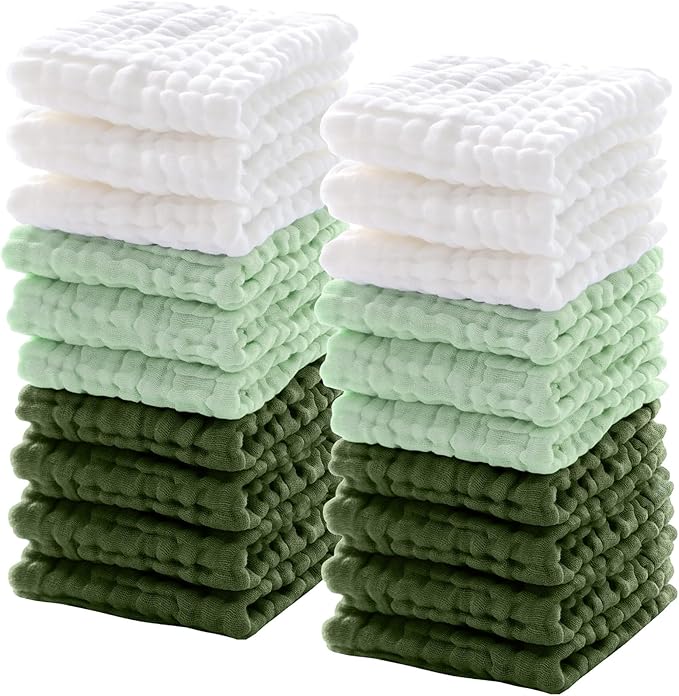 Breling 20 Pcs Baby Muslin Washcloth 12 x 12 Inch 100% Cotton Soft and Absorbent Muslin Washcloth Burp Cloth Wipe Newborn Face Towel for Baby Boy Girl Sensitive Skin(White, Light Green, Green)