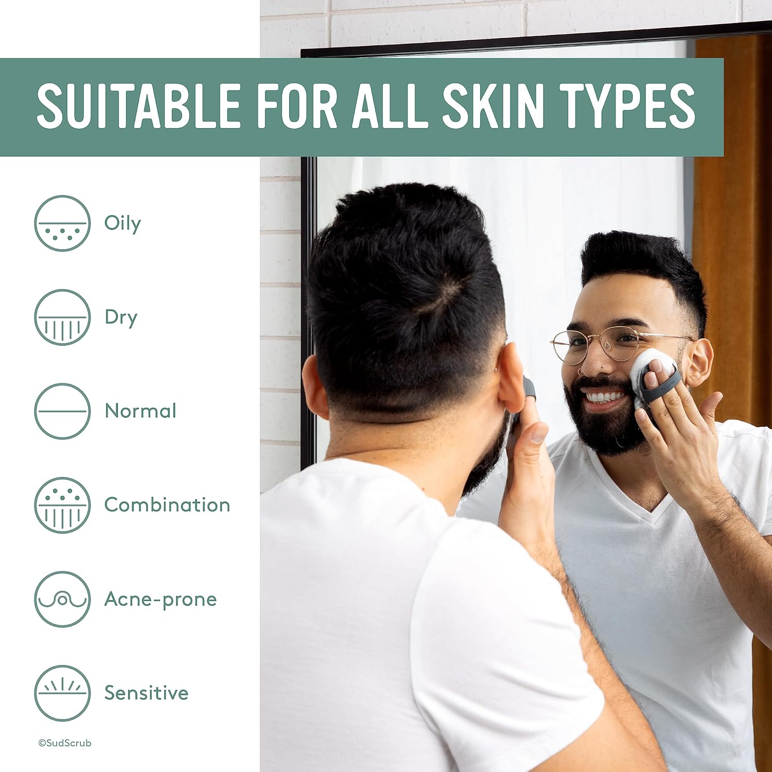 Sud Scrub® Antimicrobial Silicone Face Scrubber, 1 Pack, Gentle Face Exfoliator for Sensitive Skin, Eco Friendly Facial Cleansing Brush, Exfoliating Face Brush for Men and Women (Mint)