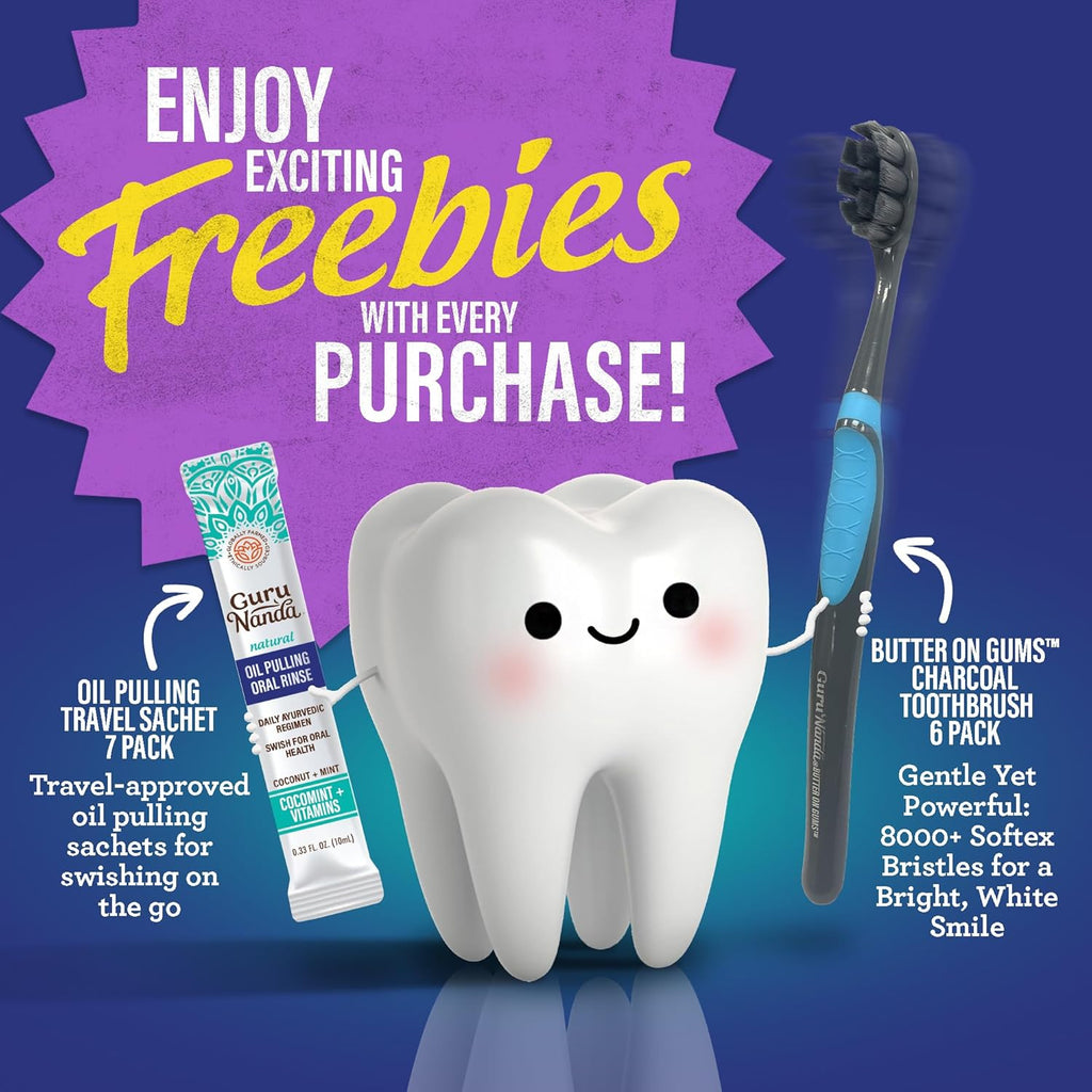 GuruNanda Total Smile Makeover Kit Charcoal with Cocomint Oil Pulling, Dual Barrel Whitening Mouthwash, Whitening Strips & Charcoal Butter on Gums Toothbrushes