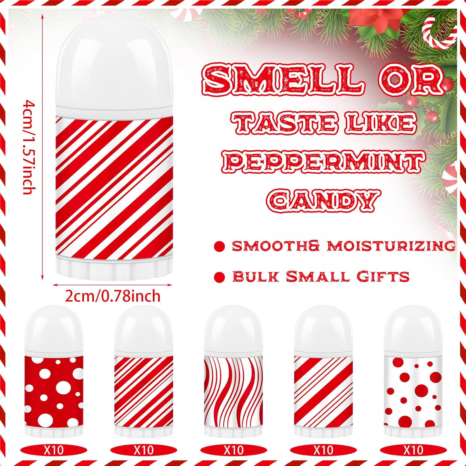 50 Pcs Christmas Lip Balm Bulk Mini Candy Cane Peppermint Flavor Lip Balms Bulk Christmas Stocking Stuffers Xmas Party Gifts Small Thank You Employee Appreciation Gifts for Women Men (Mixed Candy)
