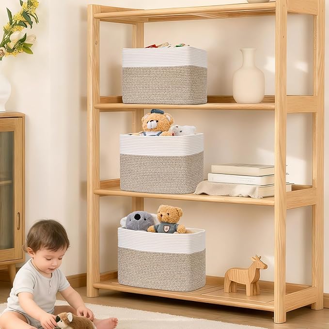 3 Pack Cube Storage Bin, 17”x12”x12” Cotton Rope Woven Baskets for Organizing Toys Clothes Towels, Square Gift Storage Baskets for Shelf, Nursery, Closet, Bathroom, Pantry (White & Jute)