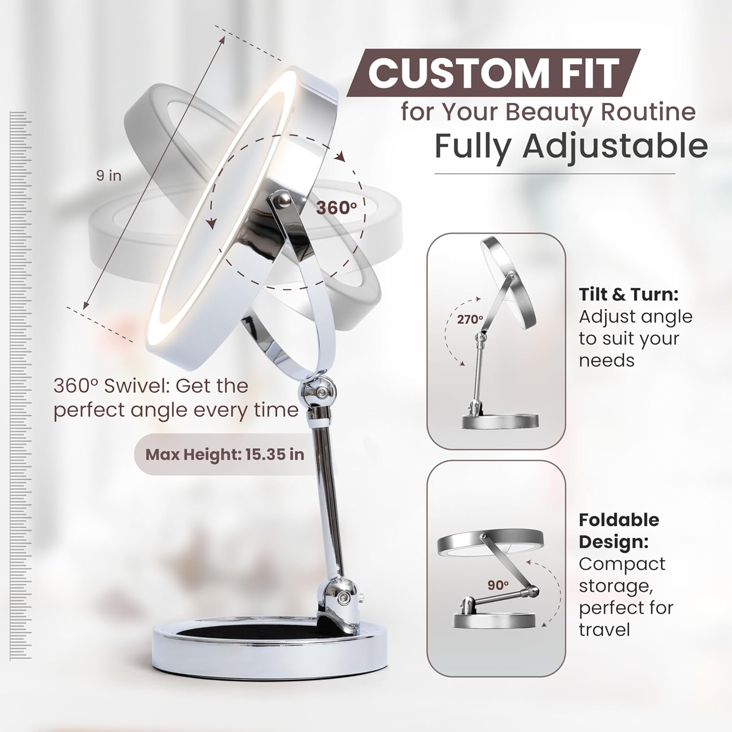 Smart 9" LED Light Makeup Mirror, Rechargeable, 1X/10X Magnifying Vanity Mirror with 3 Color Lights, Height Adjustable, Large Tall 360° Swivel Double Sided Standing Travel Mirror (Chrome)