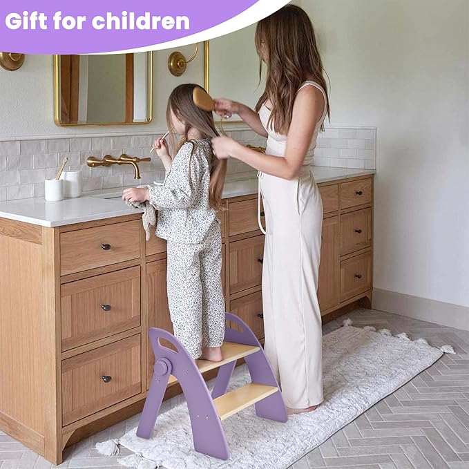 Wooden Step Stool, 300 lb. Load Capacity, with Safety Non-Slip Pads and Handles, Bamboo Step Stool for Bathroom and Kitchen, Gift for Christmas (Purple)