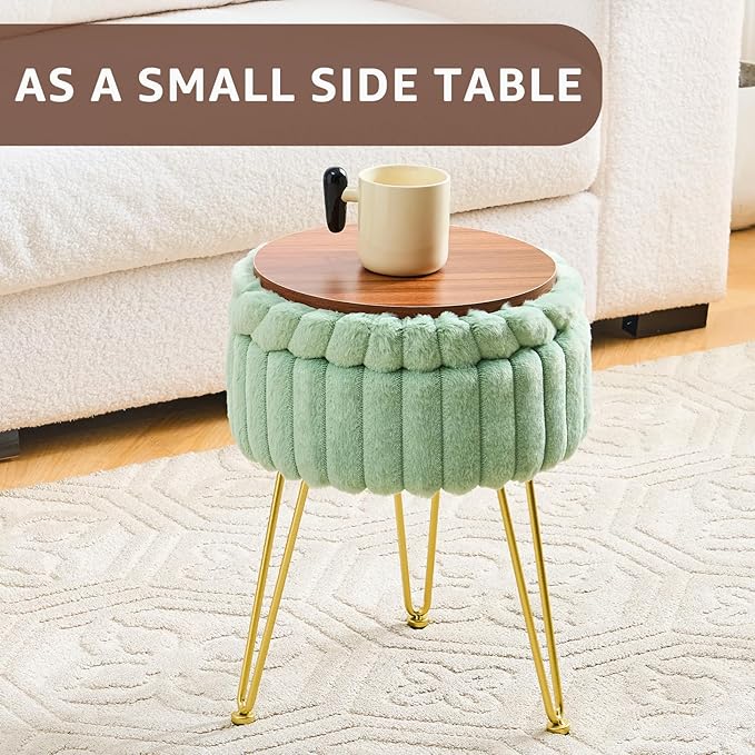 Wimarsbon Vanity Stool with Storage, Faux Fur Ottoman Chair with Metal Legs, Round Makeup Vanity Chair for Bedroom or Dressing Table, Modern Small Ottoman Seat (Green)