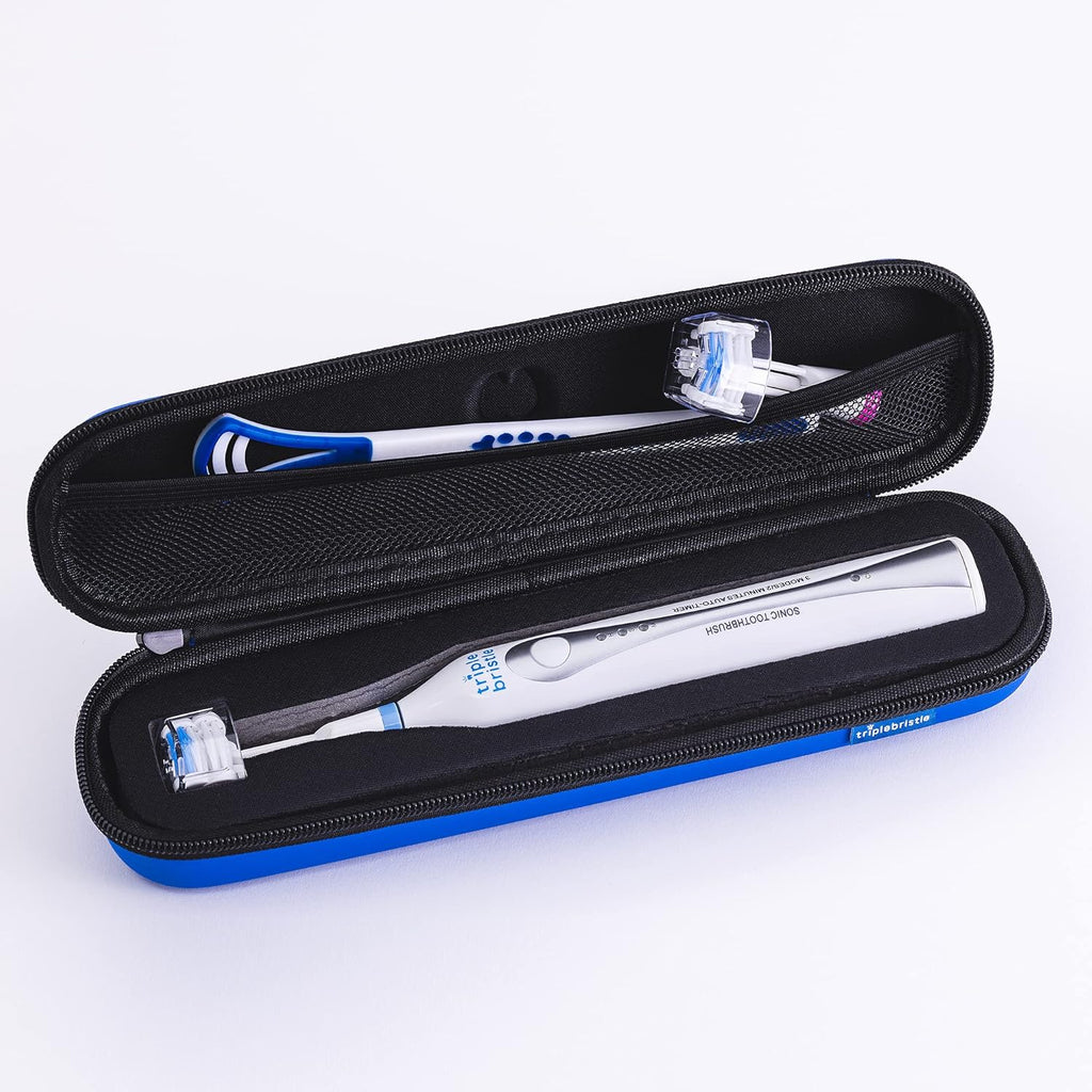 Triple Bristle Sonic Toothbrush Travel Case | Portable, Breathable & Hard Protection for Traveling, Camping, Office or Purse | Mesh Pocket for Accessories | BLUE