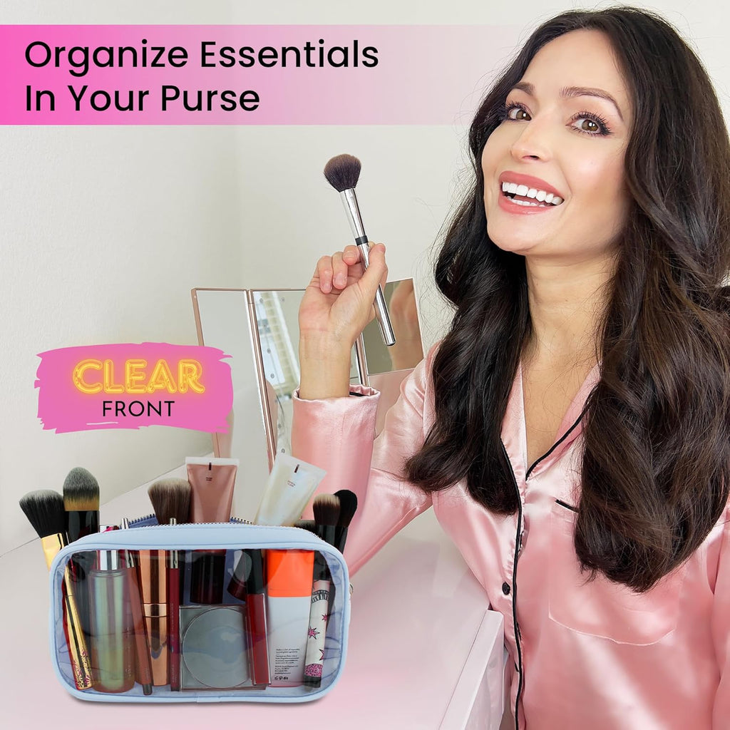 Small Clear Makeup Bag – Mini Pouch for Purse, Cosmetic Travel Case, Clear Cosmetic Bag, Light Blue Mini Makeup Bag, Compact Pouch for Purse