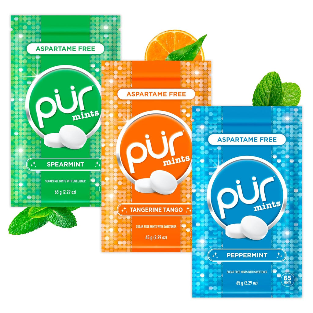 PUR Mints | Aspartame Free Breath Mints | Made with Xylitol | Sugar Free, Vegan, Gluten Free | Natural Flavor, Variety Pack | 65 Pieces in Re-Sealable pouch (Pack of 3)