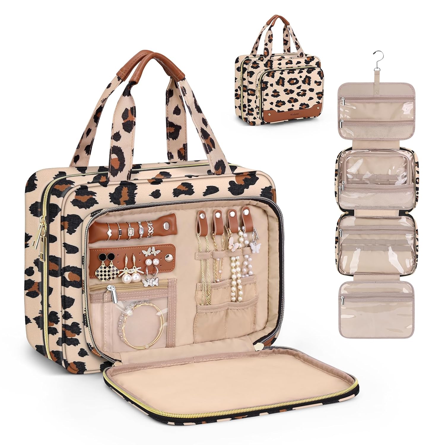 Wedama Toiletry Bag for Women, Hanging Travel Toiletry Bag with Jewelry Organizer Compartment Large Makeup Bag, PVC Waterproof Cosmetic Travel Bag Trips Camping Bathroom, Leopard Print