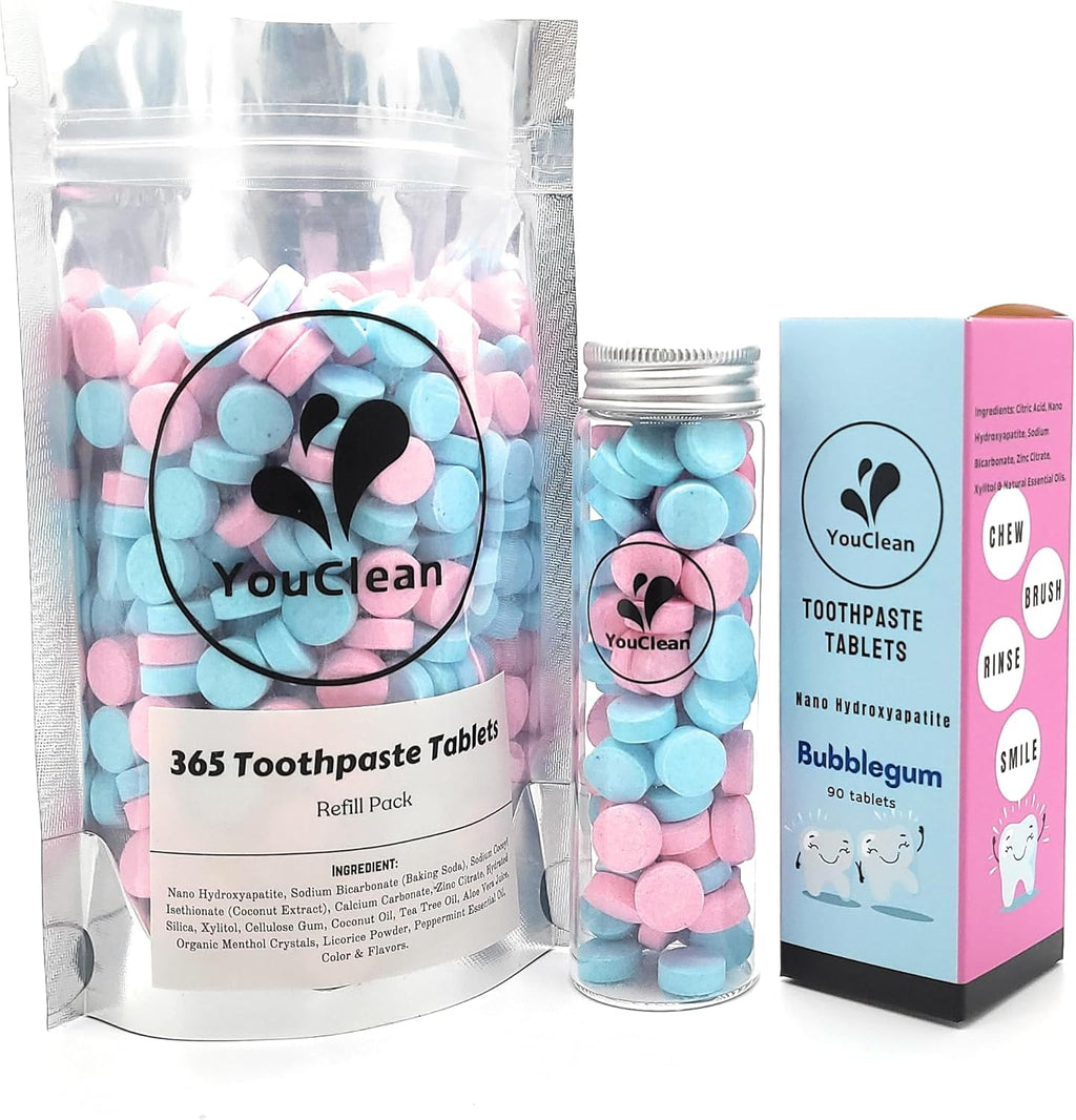 Refill Pack - 365 Toothpaste Tablets - Natural Remineralization & Whitening with Nano Hydroxyapatite - Travel or Daily Use - Fluoride Free (Bubblegum365)