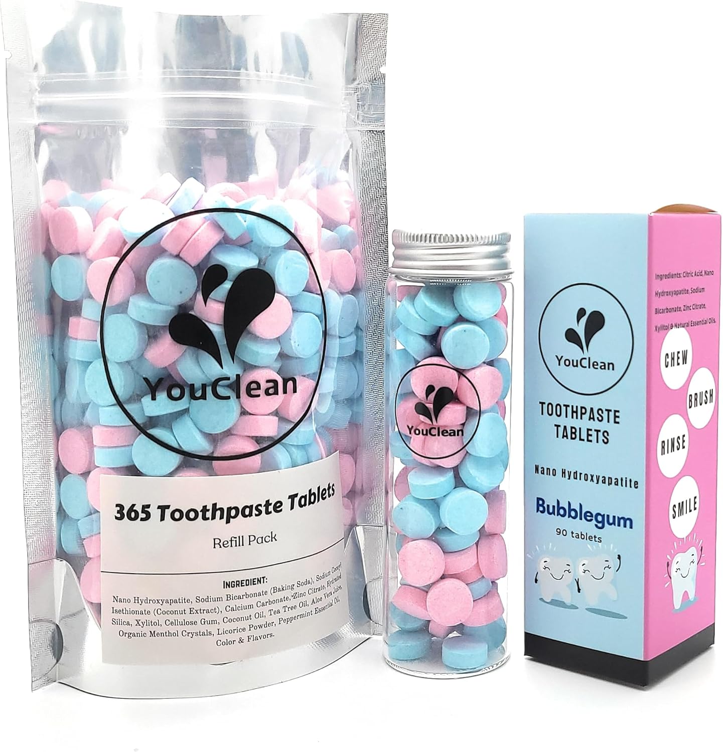 Refill Pack - 365 Toothpaste Tablets - Natural Remineralization & Whitening with Nano Hydroxyapatite - Travel or Daily Use - Fluoride Free (Bubblegum365)