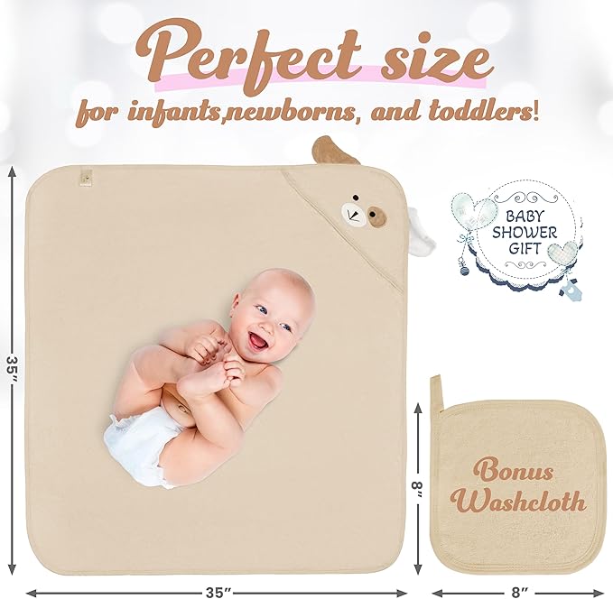 Baby Towels with Hood - Soft, Absorbent Viscose Made of Bamboo, Extra Large 35 x 35 Inches, for Newborns, Infants, Boys and Girls, Beige