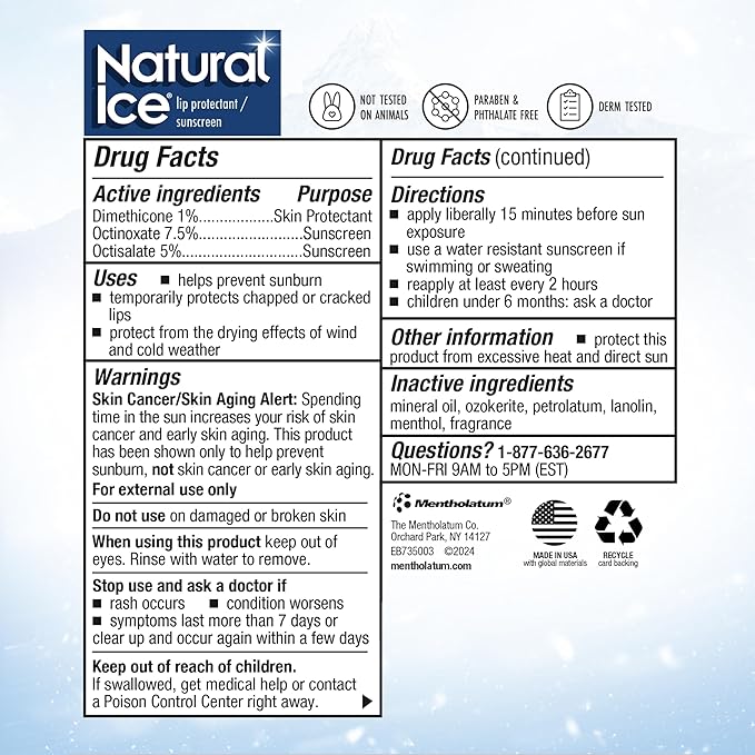 Mentholatum Natural Ice Original Medicated Lip Balm, Hydrating Lip Care for Dry, Chapped Lips, Moisturizing Formula with SPF 15 Helps Prevent Sunburn, Protection for Smooth, Soft Lips (Pack of 12)