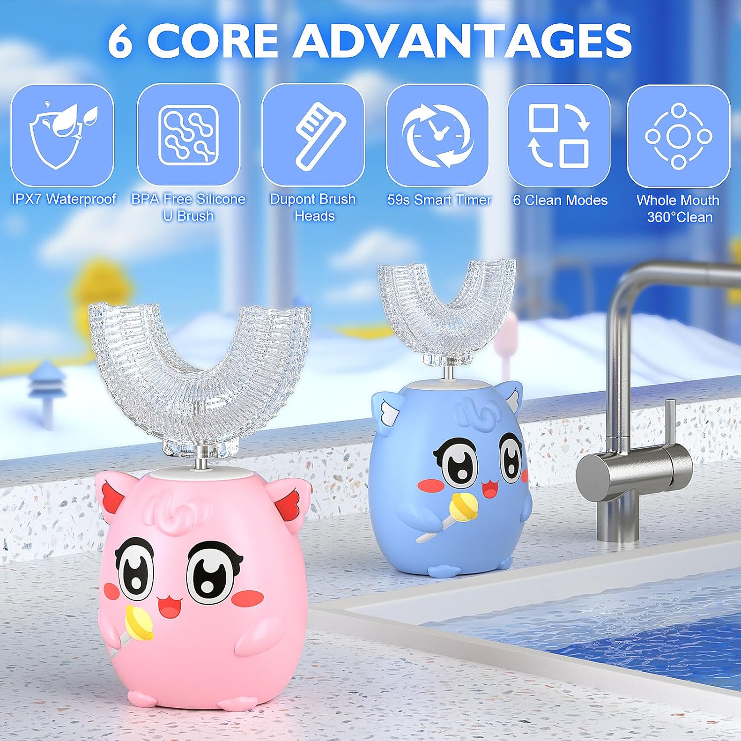 Kids Electric U Shaped Toothbrush Children Rechargeable Sonic Toothbrush with 6 Soft Brush Head Automatic Full Mouth 6 Cleaning Modes - (Age 8-15 Yellow)