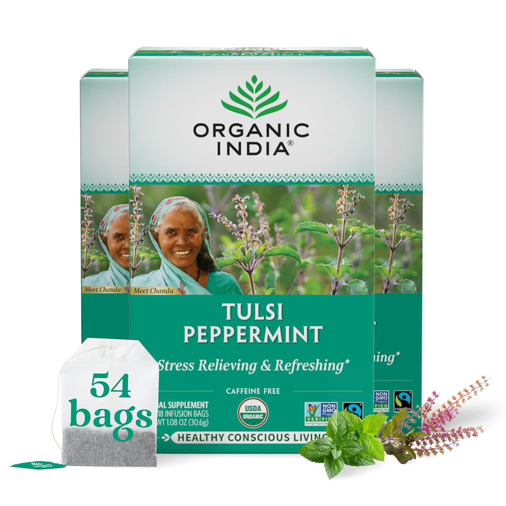 ORGANIC INDIA Tulsi Peppermint Tea - Caffeine Free Herbal Mint Tea - Stress Relieving Holy Basil, Immune & Digestion Support, Vegan, USDA Certified Organic, Fairtrade - 18 Infusion Bags, 3 Pack