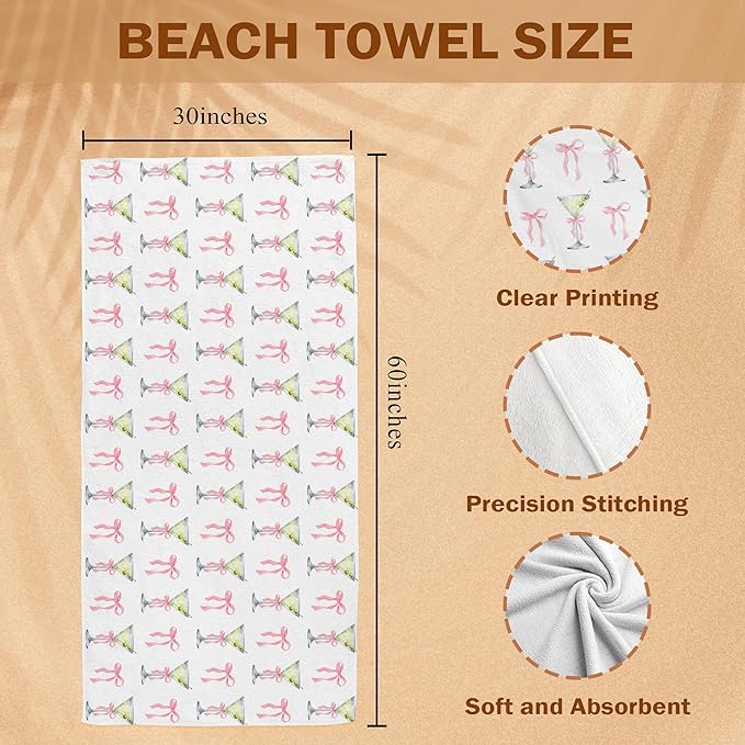 Pink Bow Martini Beach Towel, Gifts for Martini Lovers Women Girls Pool Towels, Pink Preppy Coquette Bow DirtyMaritni Large Beach Bath Travel Towels for Bathroom Swimming Camping, 30x60in