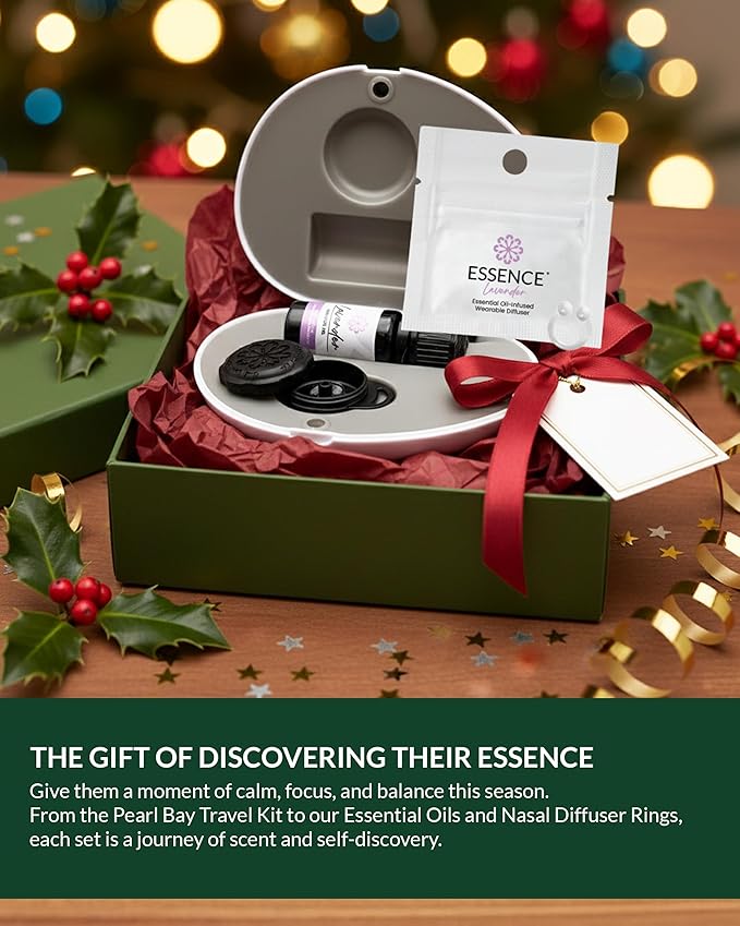 Essence Pearl Travel Case - Wearable Aromatherapy Kit with Nasal Diffuser Rings, Soaking Bay, and 5mL Essential Oil – Portable Wellness Gift Set for On?The?Go Self Care