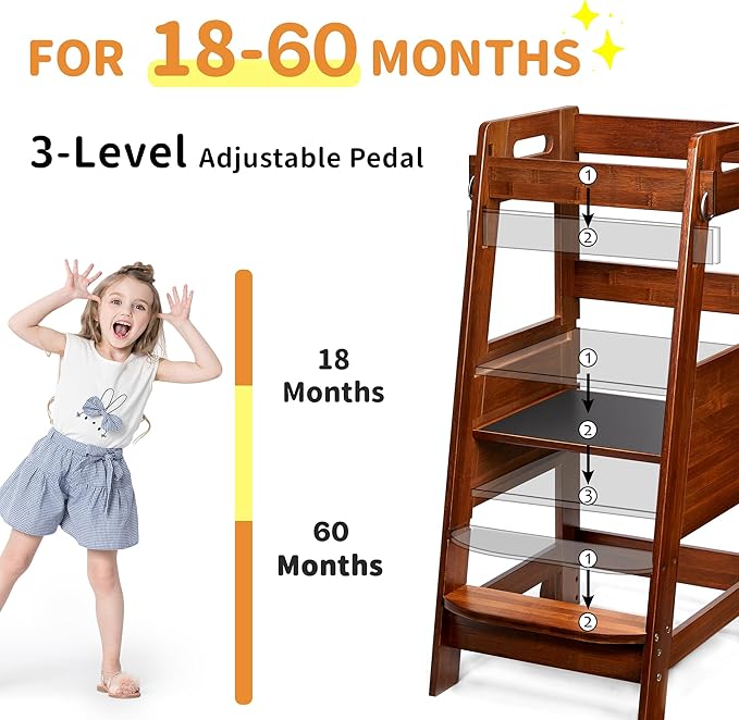 TOETOL Bamboo Toddler Kitchen Step Stool Helper Standing Tower Height Adjustable with Anti-Slip Protection